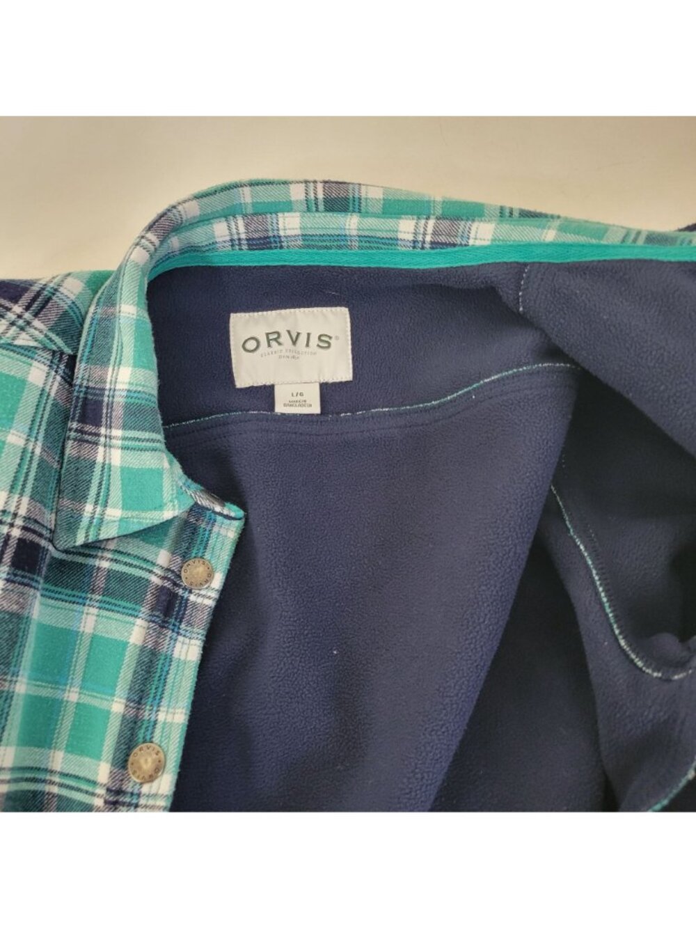 Orvis Classic Collection Green & Navy Plaid Fleece-Lined Snap Front Shirt Shacke - Picture 3 of 5